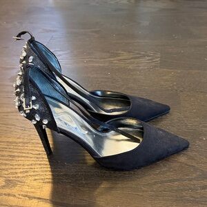 Nina Black Suede Embellished Jeweled Dorsay Mary Jane sz 8